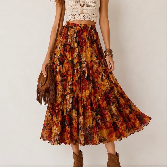 krazy kat Dresses & Skirts - Krazy Kat Women's Crinkle Tiered Floral Maxi Skirt Boho Festival Cottagecore S